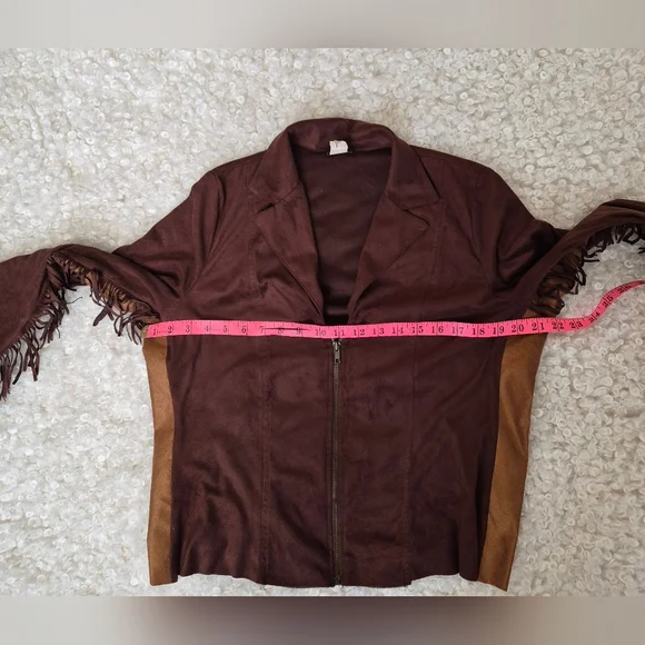 Vintage Vixen Brown Faux Suede Fringe Western Zip Jacket L Cowgirl Boho Fedtival - Picture 6 of 10